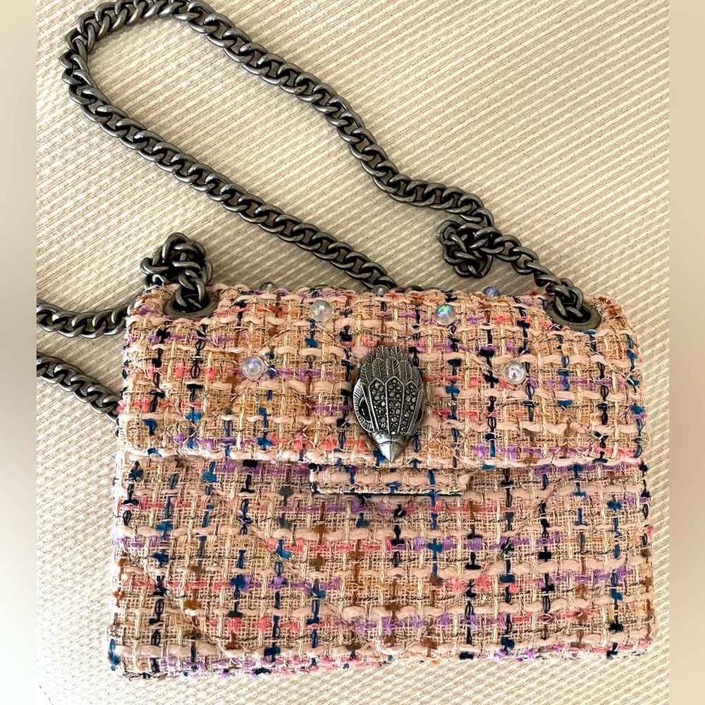 Kurt Geiger tweed flap mini bag with silver chain and pearl accents